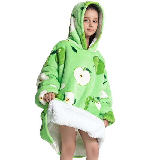🍏💚 Kids Oversized Hoodie Blanket – Green Apple Print