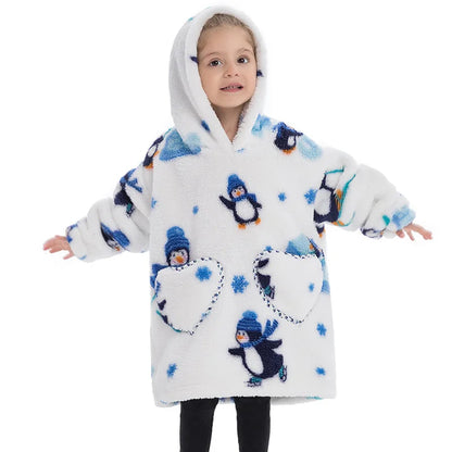 🐧❄️ Kids Oversized Hoodie Blanket – Penguin Winter Print