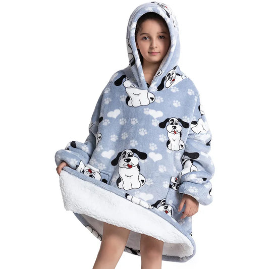 🐶💙 Kids Oversized Hoodie Blanket – Blue Puppy Print
