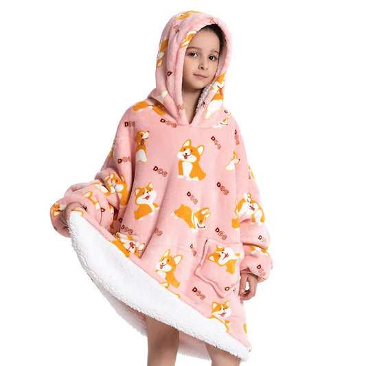 🐶💗 Kids Oversized Hoodie Blanket – Corgi Dog Print