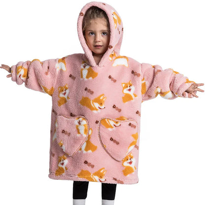 🐶💗 Kids Oversized Hoodie Blanket – Corgi Dog Print