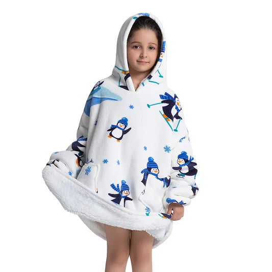 🐧❄️ Kids Oversized Hoodie Blanket – Penguin Winter Print