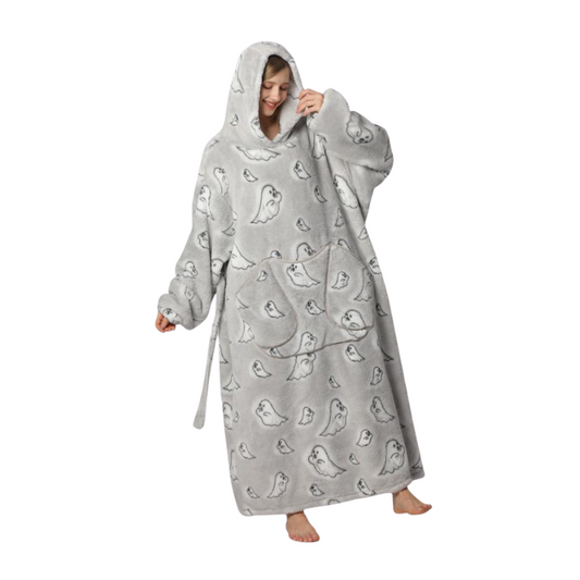 👻 Cozy Ghost Hooded Blanket – Oversized Wearable Throw for Halloween & Fall