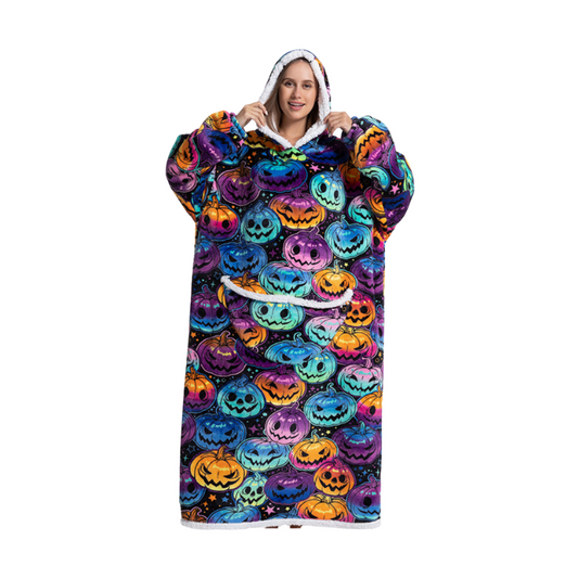 🌈🎃 Neon Pumpkin Hoodie Blanket – Oversized Halloween Glow-Up Throw