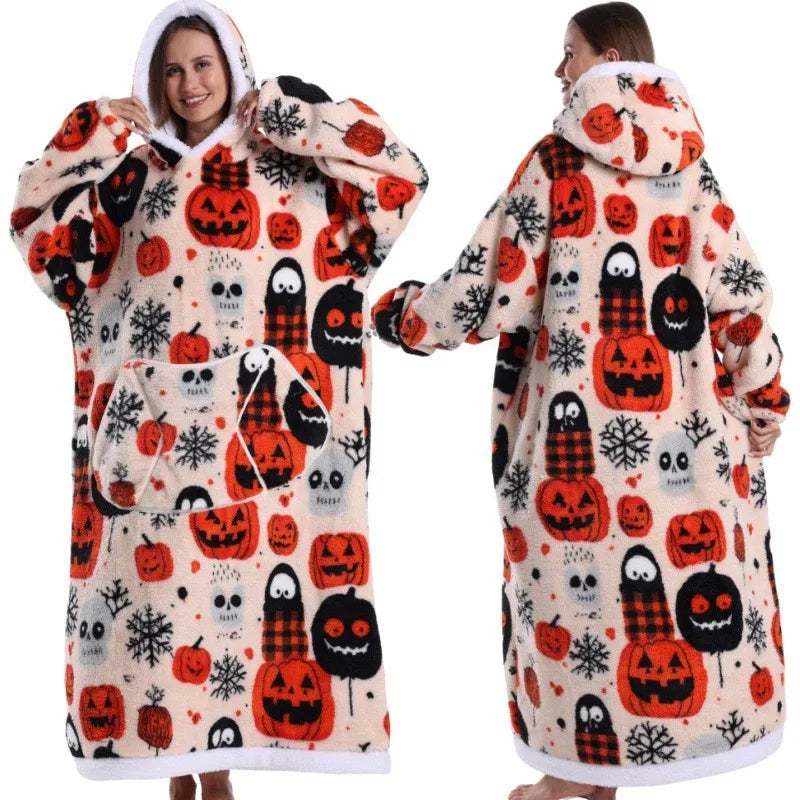 🖤🎃 Cozy Pumpkin & Ghost Hoodie Blanket – Halloween Plaid Edition 👻🧡