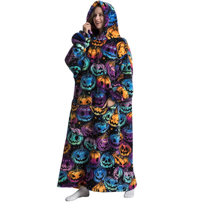 🌈🎃 Neon Pumpkin Hoodie Blanket – Oversized Halloween Glow-Up Throw