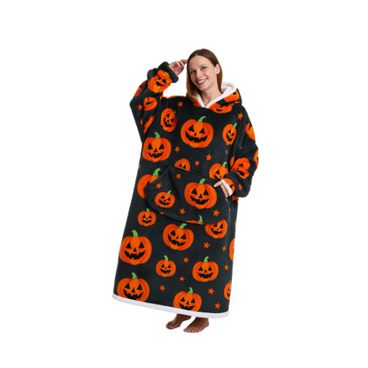 🎃 Cozy Pumpkin Hooded Blanket – Oversized Halloween Wearable Throw