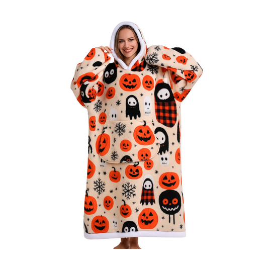🖤🎃 Cozy Pumpkin & Ghost Hoodie Blanket – Halloween Plaid Edition 👻🧡