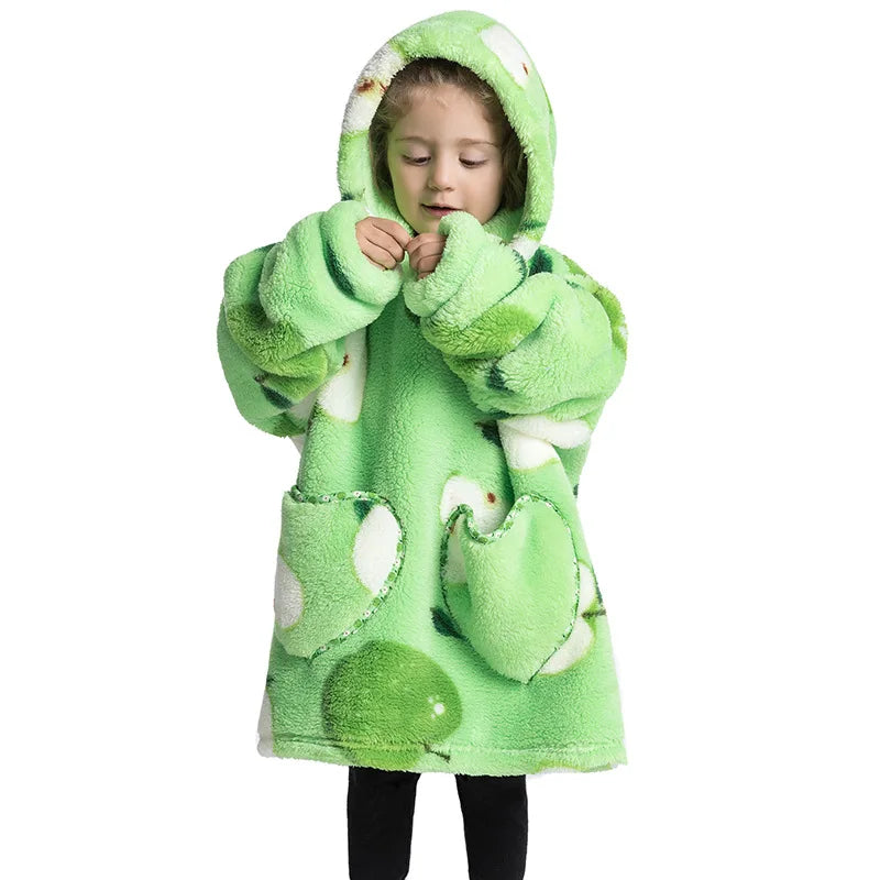 🍏💚 Kids Oversized Hoodie Blanket – Green Apple Print