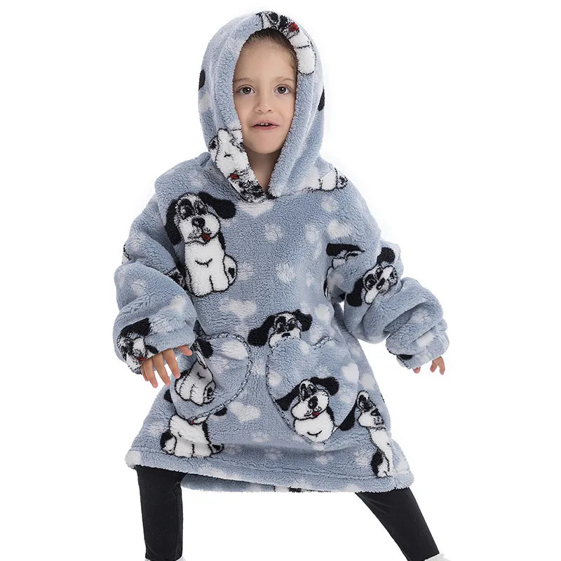 🐶💙 Kids Oversized Hoodie Blanket – Blue Puppy Print