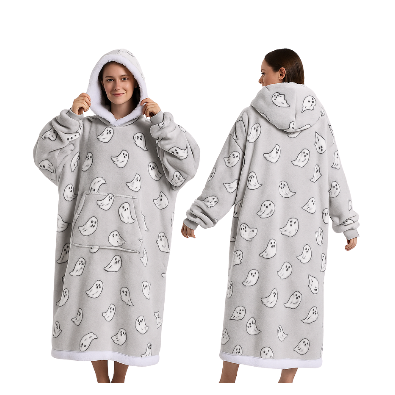 👻 Cozy Ghost Hooded Blanket – Oversized Wearable Throw for Halloween & Fall