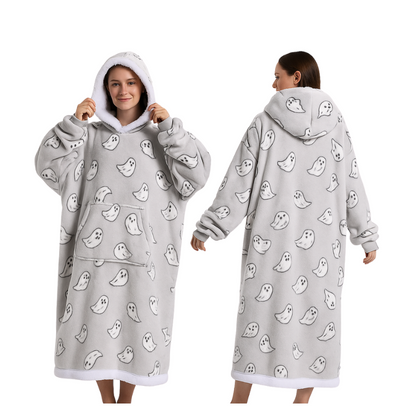 👻 Cozy Ghost Hooded Blanket – Oversized Wearable Throw for Halloween & Fall
